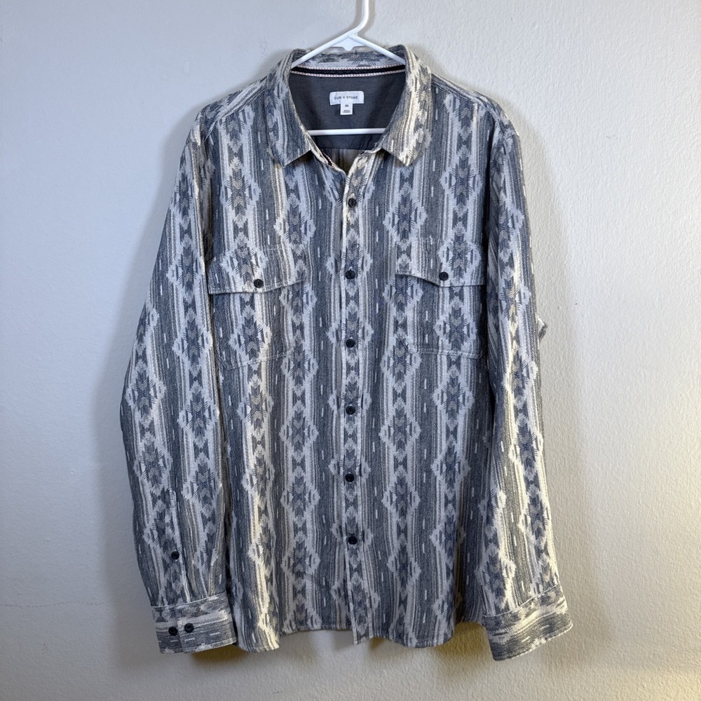Sun + Stone Shirt Mens XXL Grey‎ Pattern Aztec Long Sleeve Button Up Flannel